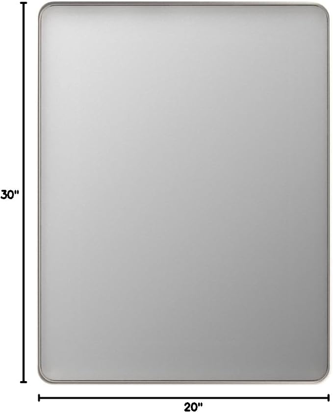 LOAAO 20X30 Inch Brushed Nickel Bathroom Mirror, Rounded Rectangle Silver Metal Frame Mirror, Brushed Nickel, Anti-Rust, Shatter Proof, Hangs Horizontally or Vertically