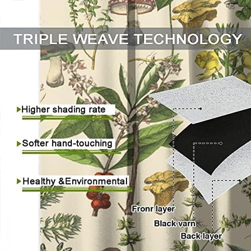 Vintage Botanical Curtains,Antique 1900s Plants Herbs Mushroom Blackout Window Drapes for Kitchen,Boho Retro Wildflower Green Leaf Ferns Farmhouse Window Treatment for Living Room 72x63in