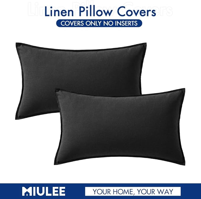 MIULEE Pack of 2 Decorative Linen Pillow Covers 12x20 Inch Black | Boho Farmhouse Modern Soft Accent Lumbar Throw Pillows Neutral Cushion Covers for Sofa Couch Bed Living Room Home Decor