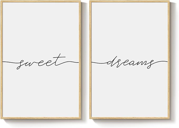 Framed Sweet Dreams Wall Art for Bedroom Decor, Set of 2 Minimalist Quote Canvas Prints, Modern Black and White Typography Artwork for Nursery Guest Room Bedroom Hallway Walls Decor, 16x24 Inch