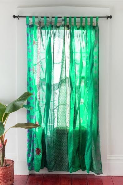 Assorted Sari Colorful Curtains Light-Filtering – Boho Curtains, Bed Canopy Panel, Tapestry or Window Treatment (Rama Green)