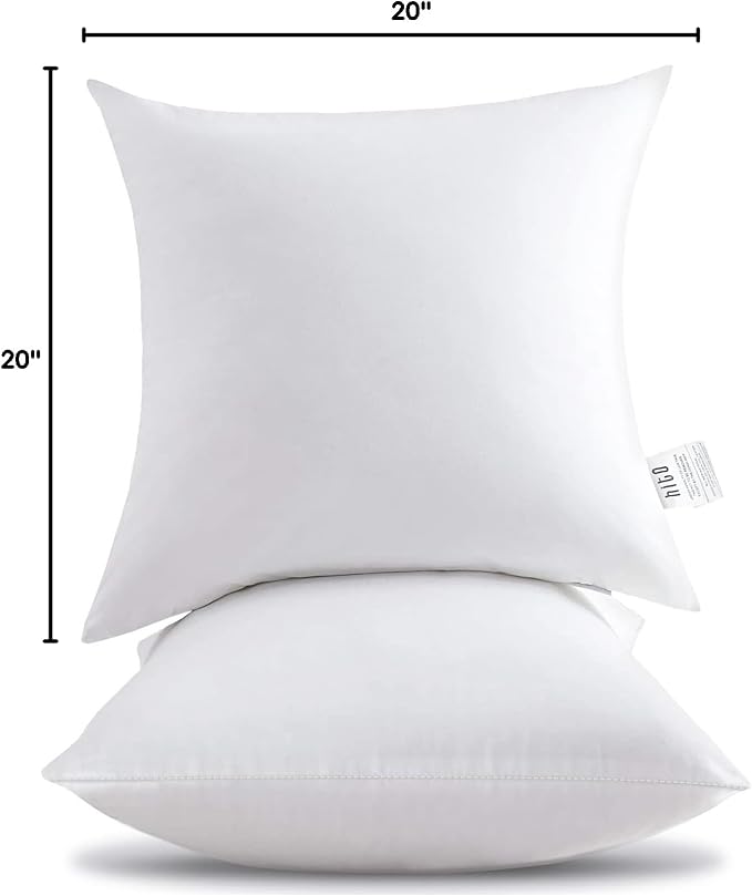 HITO 20x20 Pillow Inserts (Set of 2) - Down Alternative 100% Cotton Cover Decorative Square Throw Pillows White for Couch Bed Sofa