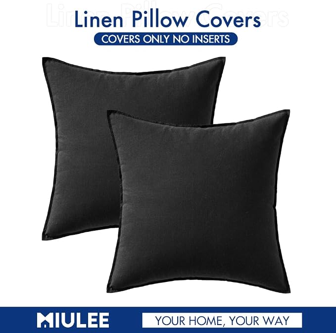MIULEE Pack of 2 Decorative Linen Pillow Covers 18x18 Inch Black | Boho Farmhouse Modern Soft Spring Accent Throw Pillows Neutral Cushion Covers for Sofa Couch Bed Living Room Home Decor