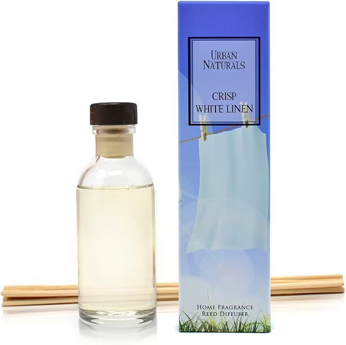 Urban Naturals Reed Diffuser Set, Crisp White Linen - Bathroom Shelf Décor | Citrus, Ozone, Ylang-Ylang, Lilies & Sandalwood Scent Notes for a Fresh, Clean Cotton Smelling Home, Made in the USA