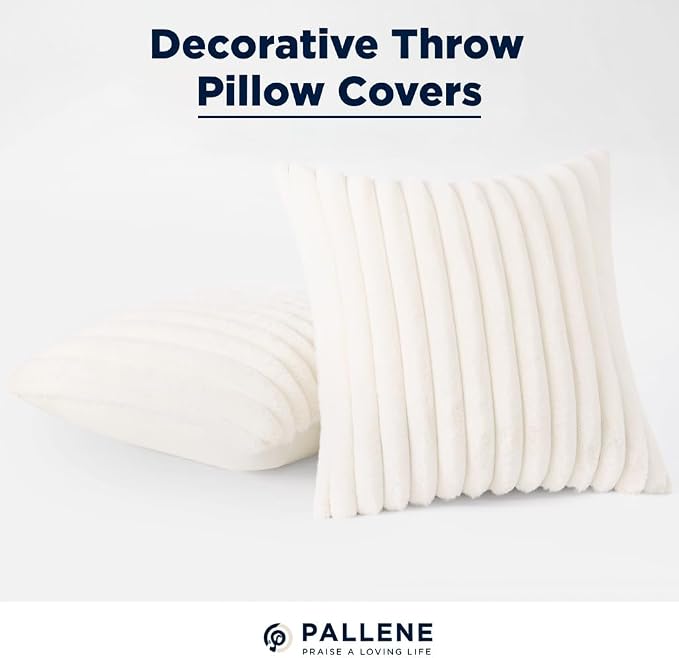 Pallene Faux Fur Plush Fall Throw Pillow Covers 16x16 Set of 2, Luxury Soft Fluffy Striped Decorative Pillow Covers for Sofa, Couch, Living Room, Cream White