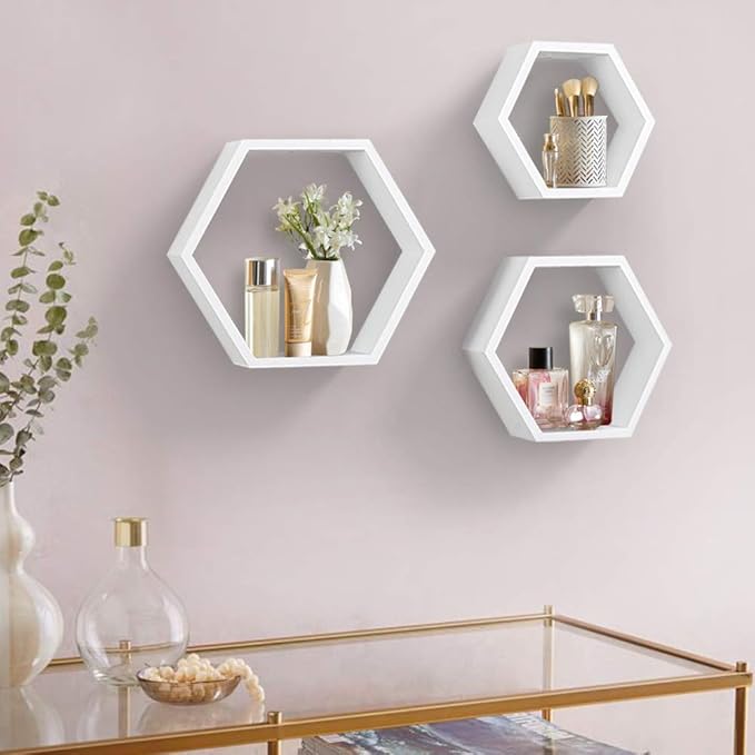 ZGZD Set of 3 White Wooden Hexagon Wall Shelves - Modern Decorative Storage for Home, Kitchen, Office – Stylish Floating Shelves for Small Plants, Books, and Decor