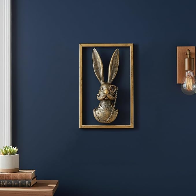 Newinhome Animal Heads Wall Decor (Includes Metal Frame) Bunny Resin Animals Sculptures Old Money Bunny Wall Hanging Decoration Gold vintage Wall Sculpture for Living Room Bedroom Office(Rabbit)