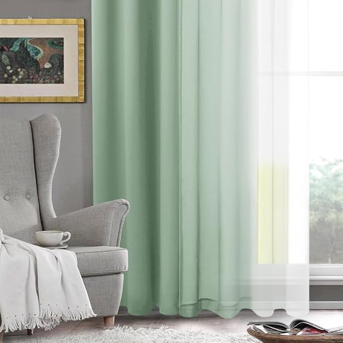 DWCN Light Sage Ombre Sheer Curtains - 84 inches Long Faux Linen Gradient Semi Voile Curtains for Bedroom and Living Room, Set of 2 Grommet Top Window Curtain Panels, 42 x 84 Inches Long, Sage Green