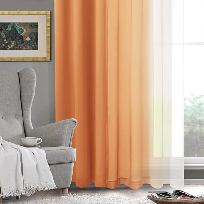 DWCN Fall Faux Linen Ombre Sheer Curtains - Gradient Semi Voile Curtains for Bedroom and Living Room, Set of 2 Grommet Top Window Curtain Panels, 42 x 63 Inches Long, Sunset Orange
