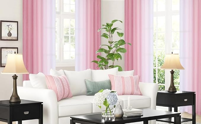 Purainbow Pink Ombre Chiffon Sheer Curtains 84 Inch Long for Living Room Bedroom Decor, Crinkle Gradient Semi Voile Grommet Top Window Curtain Drapes for Girls Room, Garden, Yard, Set of 2 Panels