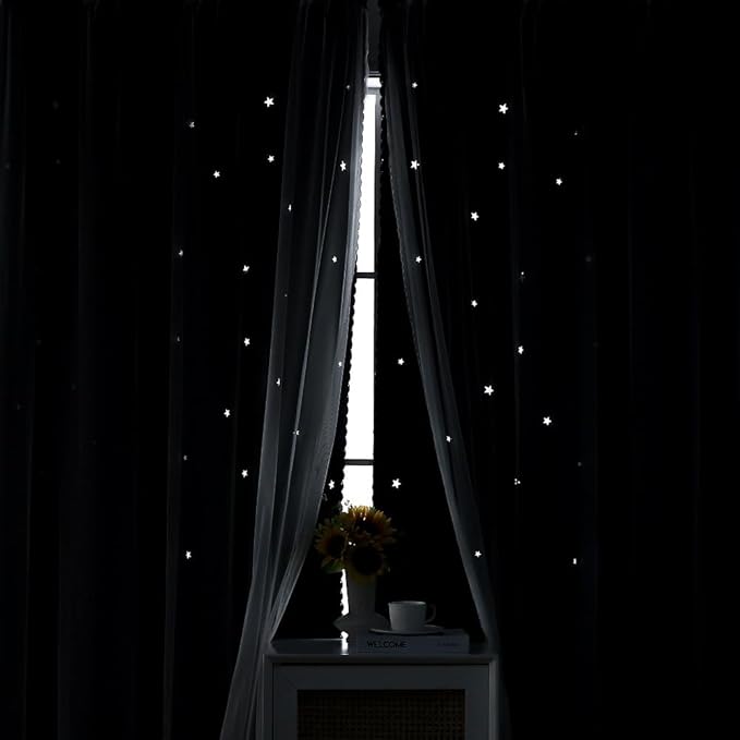 Black Black Out Curtains & Drapes 96 Inches Extra Long Sliding Glass Door | Cute Star Cutouts Double Layer Curtains White Sheer 2 Panels Girls Nursery Divider Room Darkening Window Treatments Cortinas