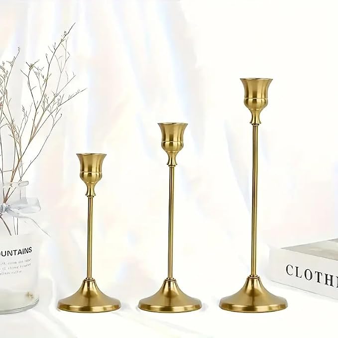 4 Sets(12 Pcs) Candle Stick Holders,Brass Gold Metal Taper Candle Holders, Vintage Modern Decorative Centerpiece Candlestick Holders for Table Mantel Wedding Housewarming Gift