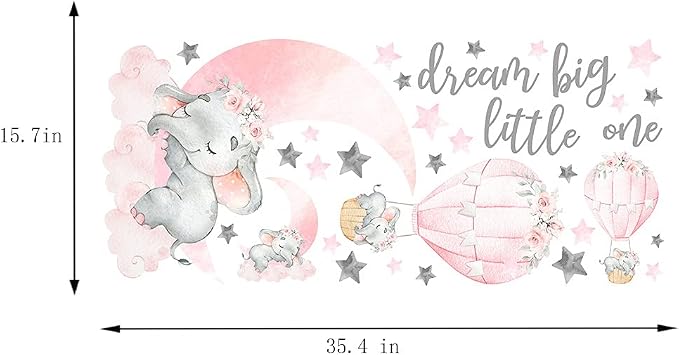 Dream Big Little One Elephant Wall Stickers, Pink Moon Hot Air Balloon Grey Stars Wall Decals for Nursery Kids Room Living Room Bedroom Decorations Home Decor