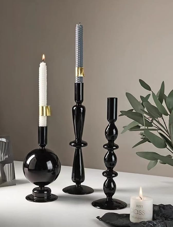 Candle Stick Candle Holder, Glass Candle Holders for Table Centerpiece, Modern Style Black Candle Holder Mixed 4pcs
