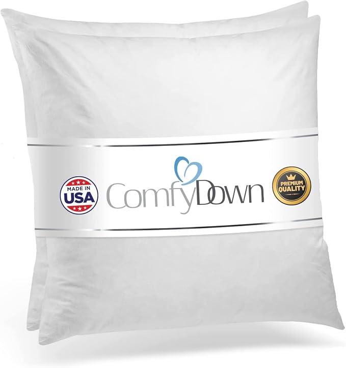 ComfyDown 20x20 Throw Pillow Inserts (Set of 2), Down & Feather Fill, 100% Cotton Cover, Made in USA β Premium Soft Decorative Pillow Forms Sham Stuffers for Bed, Sofa & Couch