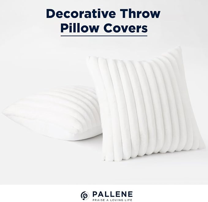 Pallene Faux Fur Plush Throw Pillow Covers 18x18 Set of 2, Luxury Soft Fluffy Striped Decorative Pillow Covers for Sofa, Couch, Living Room, White