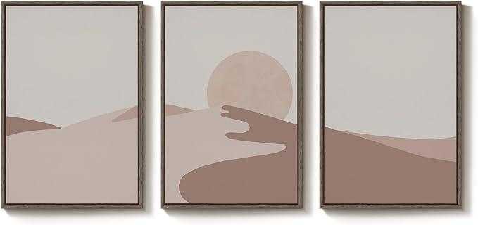 Large Framed Neutral Earth Tone Desert Wall Art for Living Room, 3 Piece Abstract Minimalist Sunset Landscape Canvas Artwork for Walls, Mid Century Modern Boho Wall Decor for Bedroom Hallway, 24x36 In