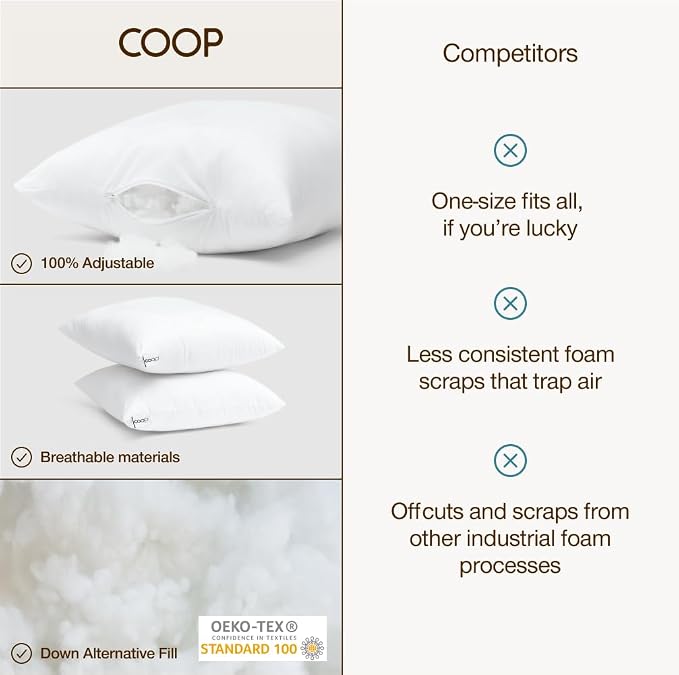 Coop Home Goods Essence Adjustable Throw Pillow Inserts 20x20, Set of 2, Adjustable Down Alternative Cushions for Couch, Bed, or Chair, Decorative Square Pillows for Living Room, Oeko-Tex Certified