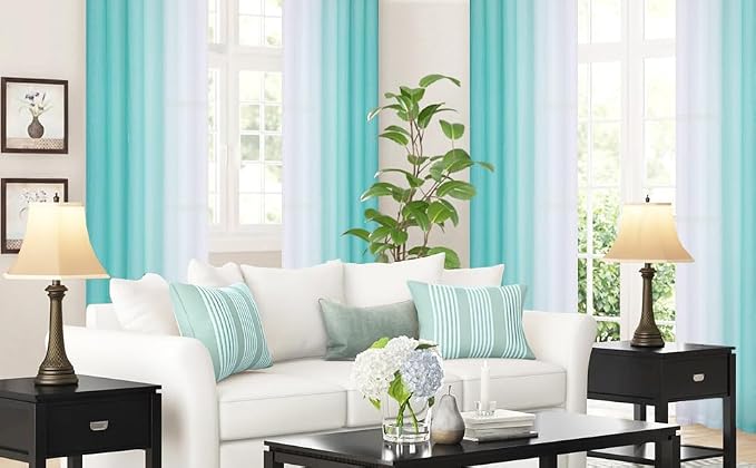 Purainbow Teal Ombre Sheer Curtains for Living Room Chiffon Crinkle Semi Sheer Curtain Panels for Bedroom Decor, Light Filtering Gradient Window Treatments with Grommet Top, 2 Panels, 52" Wx95 L