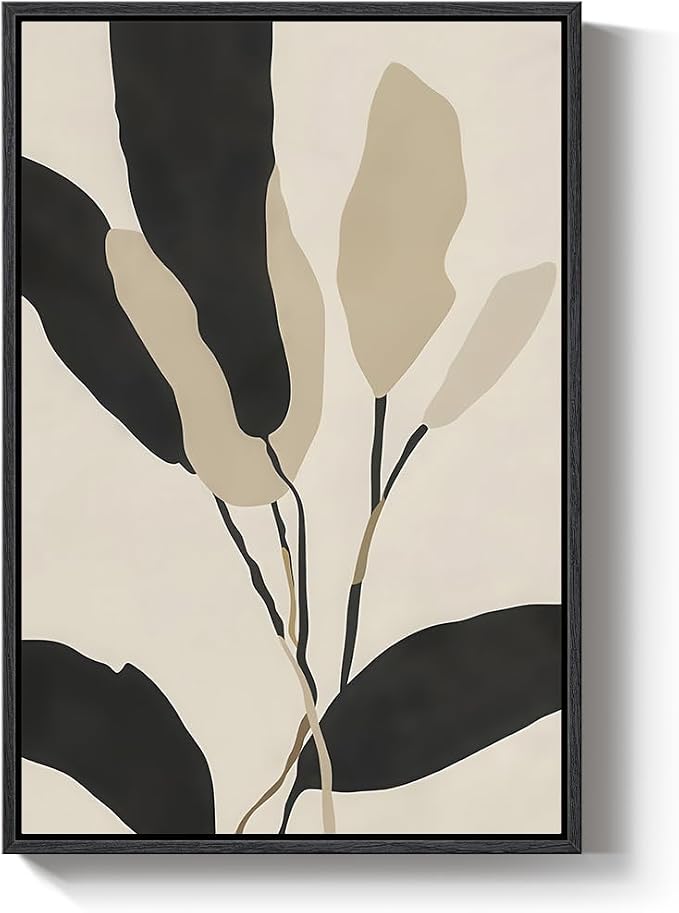 Framed Boho Abstract Wall Art for Living Room, Neutral Black Beige Wabi Sabi Botanical Leaf Prints Canvas Artwork for Walls, Minimalist Mid Century Modern Wall Decor for Bedroom Home Office, 24x36 In