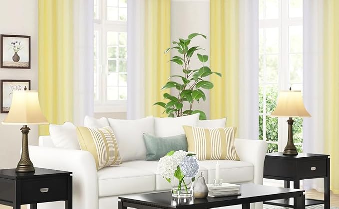 Purainbow Yellow Ombre Sheer Curtains for Living Room Chiffon Crinkle Semi Sheer Curtain Panels for Bedroom Decor, Light Filtering Gradient Window Treatments with Grommet Top, 2 Panels, 52" Wx95 L