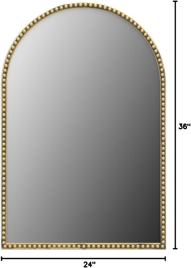 Arched Wall Mirror for Bathroom - 24"x36" Metal Beaded Frame Decorative Accent Mirror, Large Modern Rustic Distressed Hanging Wall Decor for Washroom, Bedroom, Living Room, Entryway, Antique Gold