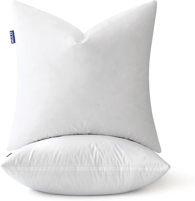 MIULEE 24 x 24 Goose Feather Down Pillows with 100% Cotton Cover, Set of 2 Soft Fluffy Decorative Pillow Inserts for Sofa Bed Couch Living Room White