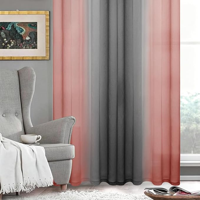 DWCN Ombre Sheer Curtains - Faux Linen Semi Voile Grommet Top Gradient Curtains for Bedroom and Living Room, Set of 2 Window Curtain Panels, 52 x 84 Inch Length(Black and Red