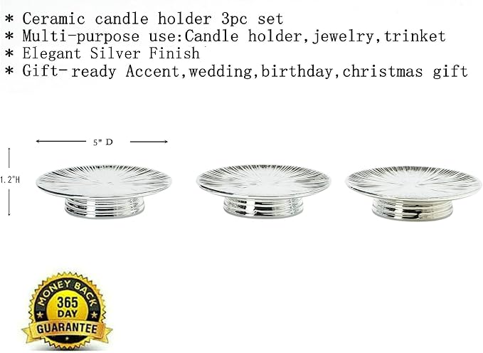 ADAVAS.Y&G Ceramic Silver Candle Plate Set, 3-Piece – Decorative Candle Holder Tray for Pillar Candles, Jewelry, Trinkets or Bathroom Counter – Elegant Silver Finish for Tabletop & Home Décor