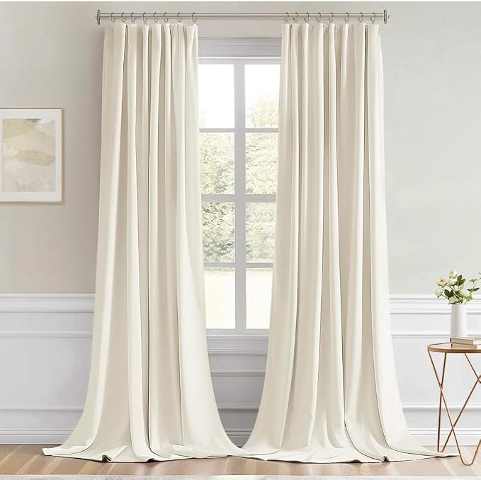 MIULEE Beige White Back Tab Blackout Curtain 96 Inch Long 2 Panels Set for Bedroom, Rod Pocket/Pinch Pleat Thermal Insulated Living Room Darkening Pleated Light Blocking Floor to Ceiling Drape