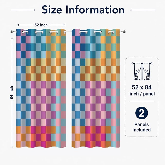 Multicolored Checkerboard Blackout Curtains, Mid Century Modern Colorful Vibrant Checkered Room Darkening Thermal Insulated Grommet Window Drapes for Living Room Bedroom Decor 2 Panels 52x84 Inches
