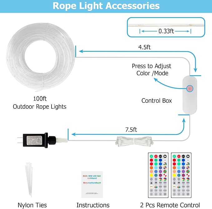 100ft LED Rope Lights for Outside, 25 Colors IP68 Waterproof, Dimmable Warm White RGB Outdoor String Lights, Red White Blue for Memorial Day Patriotic Decorations, Fairy Lights for Indoor Bedroom