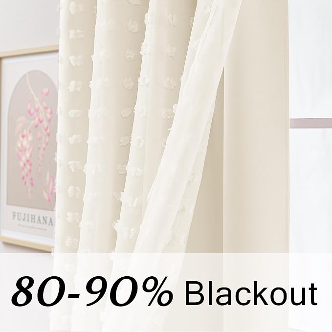 Cream Back Tab Pom Pom Curtains for Girls Room Bedroom Nursery Living Room Blackout Curtains Double Layer,96 Inch Length