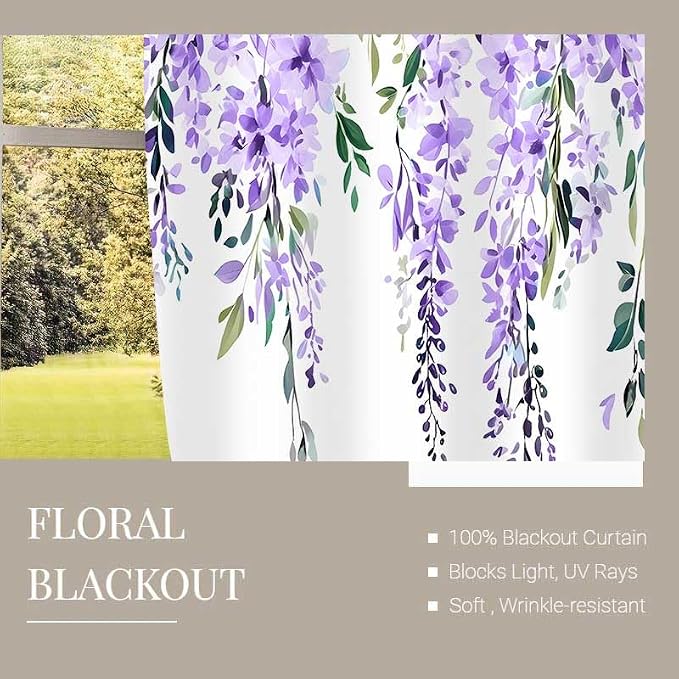 Purple Watercolor Floral Curtains, Botanical Leaves Vine Flowers Curtain, Rustic Farmhouse Flower Leaf Blackout Window Treatment Drapes for Bedroom Living Room 52x96 inch, 2 Panels