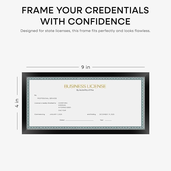 Homeforia 4x9 Business License Frame Black, High End Metal 4 x 9 Certificate Frames with Real Glass, 9x4 Document Frames for Wall or Tabletop, 4 by 9 Picture Frames, Tempered Glass, Wall Kit, Set of 2