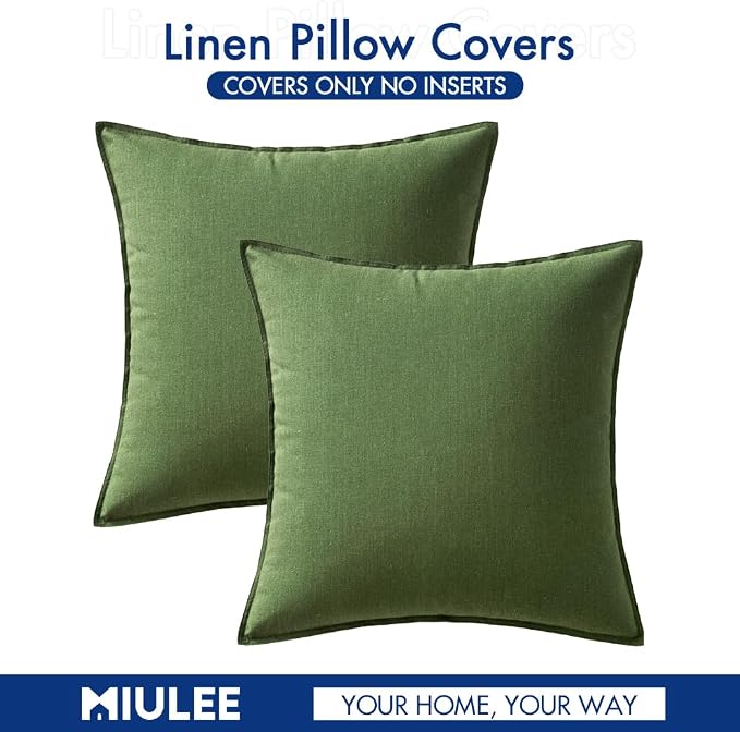MIULEE Pack of 2 Decorative Linen Pillow Covers 18x18 Inch Moss Green | Boho Farmhouse Modern Soft Spring Accent Throw Pillows Neutral Cushion Covers for Sofa Couch Bed Living Room Home Decor