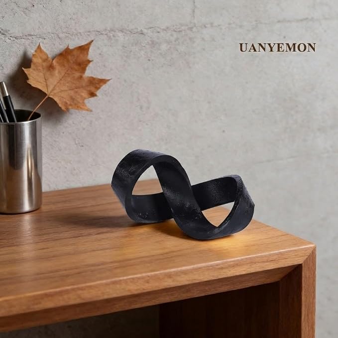 Modern Infinity Knot Sculpture - Black Knot Home Decor, Multi-Angle Statue for Shelves, Coffee Table, Bookshelf, Living Room, Office, Resin Geometric Decorative Accent, Abstract Art Knick Knacks Gifts
