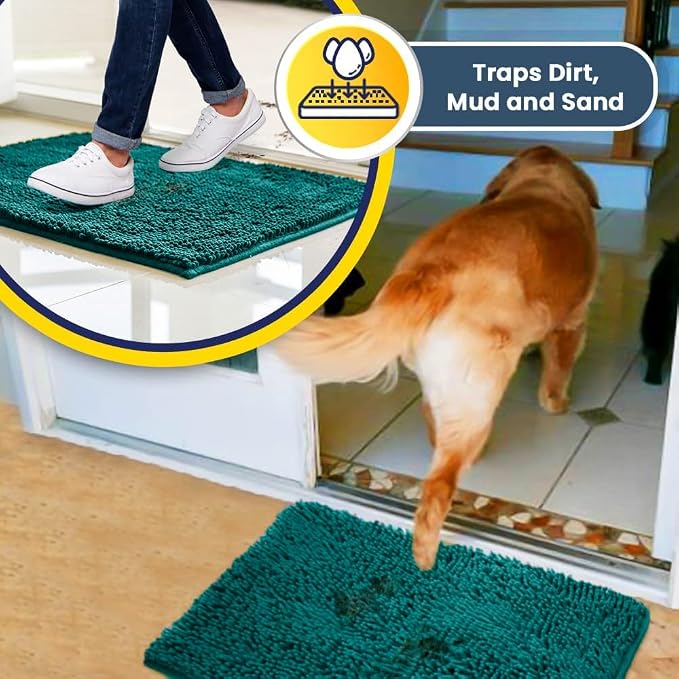 Muddy Mat® | Super Water Absorbent Door Mat Indoor, Microfiber Quick Dry Chenille Entryway Rug, Slip Resistant Front Door Mat, Indoor Mats for Entryway, Machine Washable Pet Rug, Teal 16"x24"