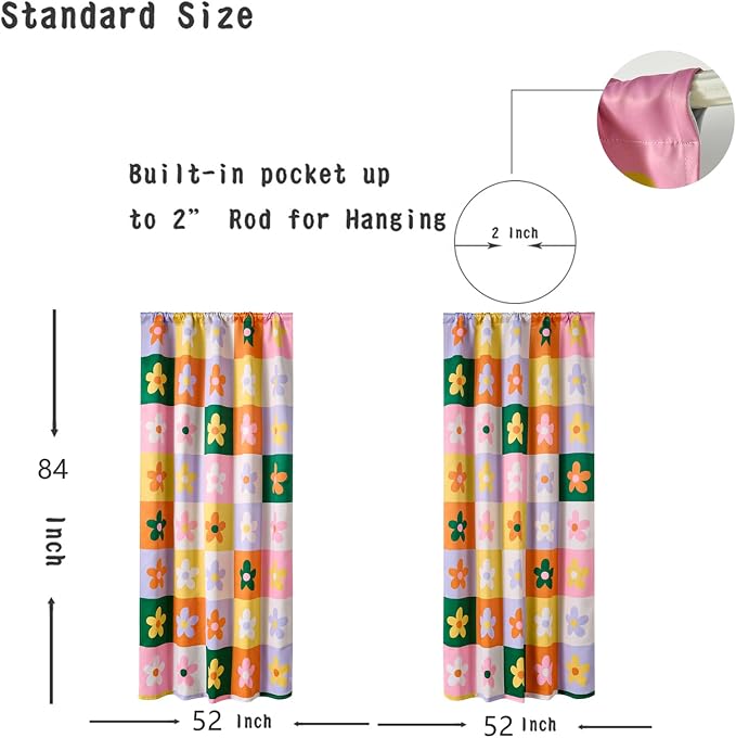 RoomTalks Checkered Floral Blackout Window Curtains for Bedroom Living Room 84 Inches Length 2 Panels, Colorful Retro Daisy Flowers Cute Curtain Panels Funky Aesthetic Dorm Window Drapes