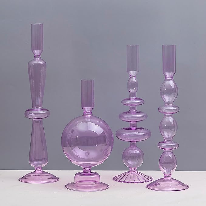 Candle Stick Candle Holder, Glass Candle Holders for Table Centerpiece, Modern Style Purple Candle Holder Mixed 4pcs