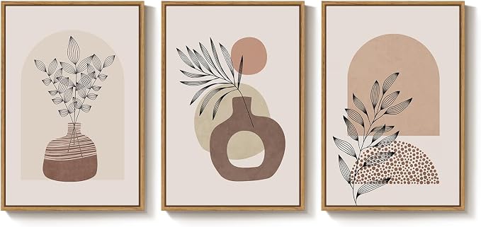 Framed Neutral Boho Wall Art Bedroom, 3 Piece Abstract Bohemian Brown Botanical Vase Canvas Artwork for Walls, Large Earth Tone Boho Pictures for Living Room Home Office Hallway Wall Decor, 16x24 Inch