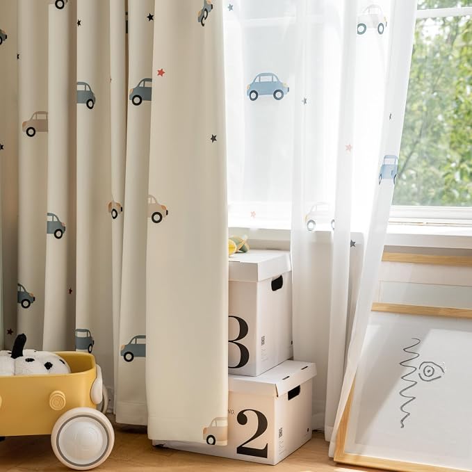 KMSG Cartoon Car Pattern Printed Sheer Curtains for Bedroom Living Room | Lovely Car Light Filtering Curtain Drapes for Playrooms Voile Tulle Window Treatments Grommet Top 1 Panel W42 x L84 Inch