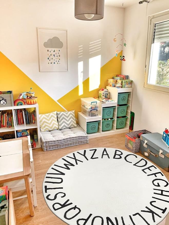 Topotdor Round Kids Play Rug Alphabet Nursery Area Rug Extra Large Soft Crawling Play Mat for Children Toddlers Bedroom (40 inch, White)