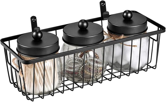 SheeChung Qtip Dispenser Holder 4pcs, Glass Apothecary Jars with Stainless Steel Lids &Stickers Farmhouse Decor Metal Wire Bathroom Storage Organizer Basket Bins - for Cabinets, Shelves