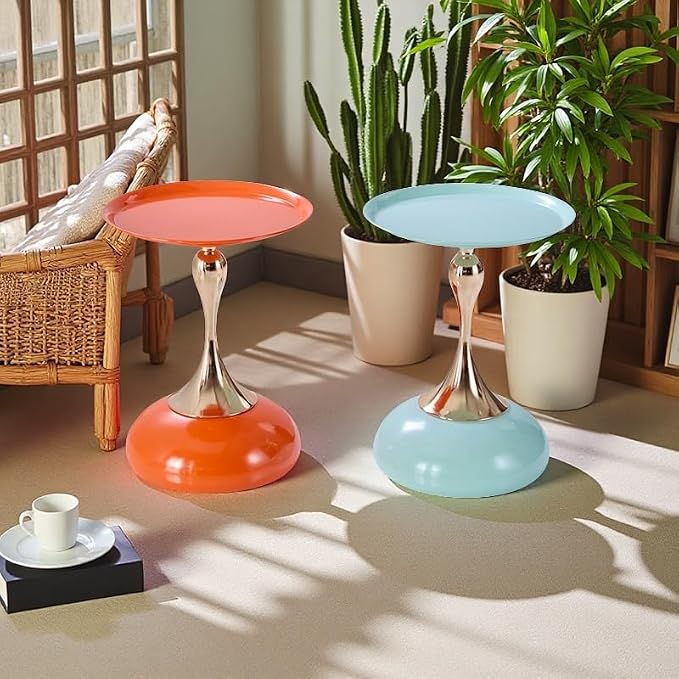 2-Pack Sleek Hourglass Side Table (Light Green & Hermes Orange) - Modern Stylish Accent Table with Glossy Finish & Metallic Detail - Ideal Decor for Living Room, Bedroom & Home Spaces