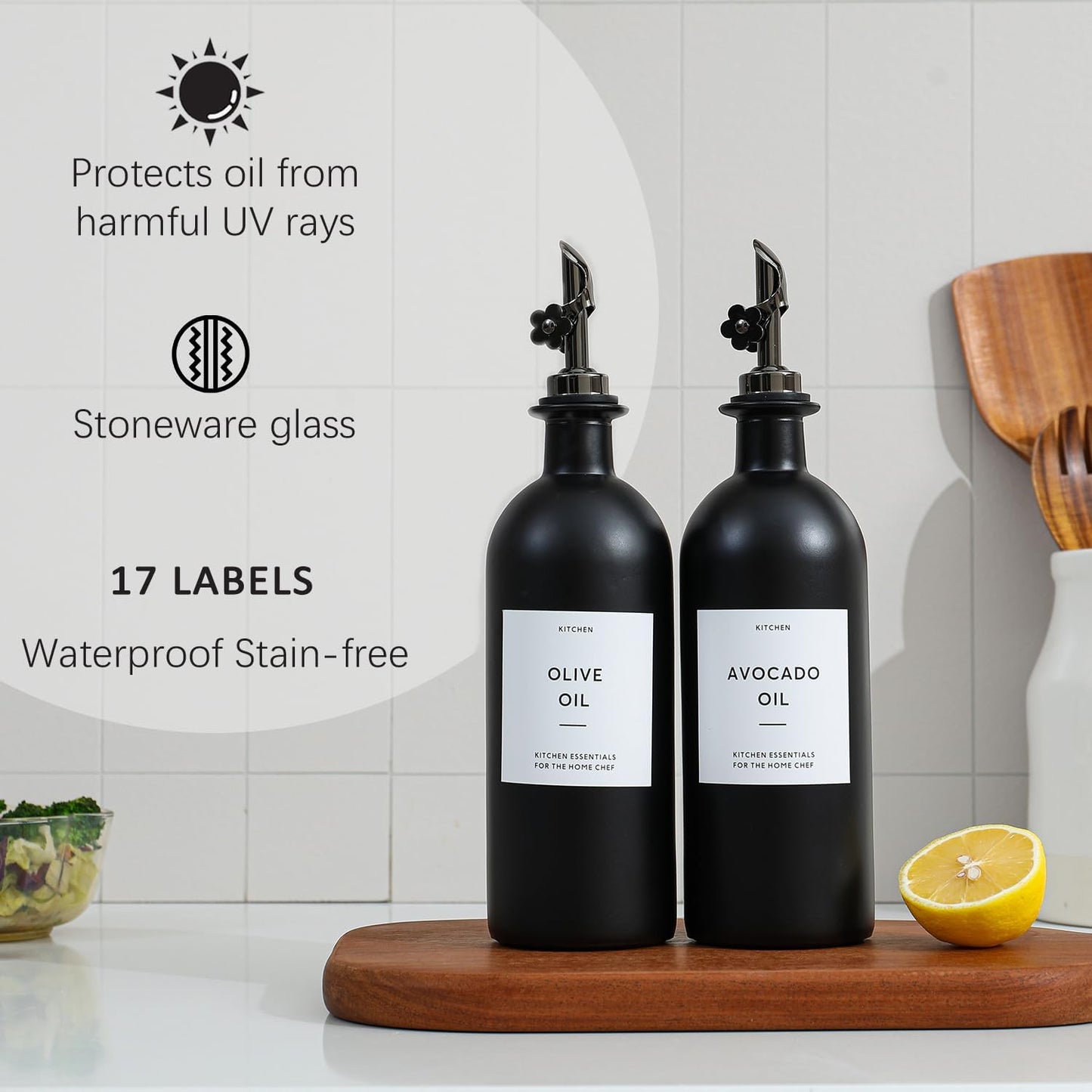 HOMCDALY Olive Oil Dispenser for Kitchen, 16oz Glass Oil Bottles with Bamboo Tray, Black Oil&Vinegar Cruet Set, Kitchen Dispenser Bottles with Pourer | Set of 2 (16oz – Black)