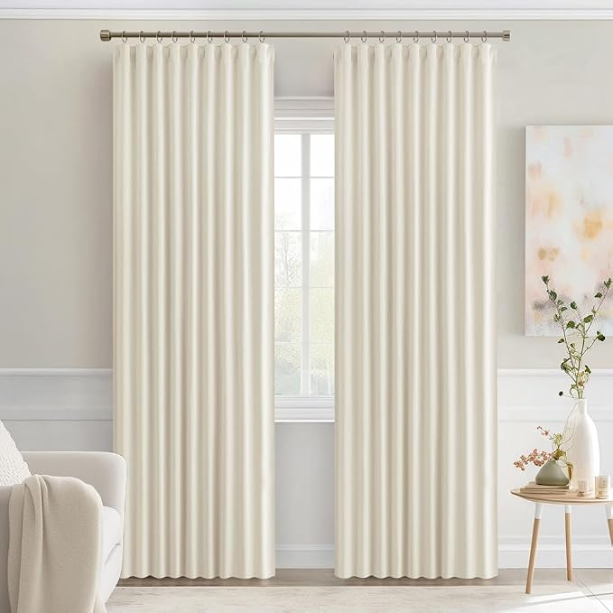 MIULEE Beige White Back Tab Blackout Curtains 90 Inches Long 2 Panels Set for Living Room Bedroom Privacy, Rod Pocket/Pinch Pleat Thermal Insulated Room Darkening Pleated Light Blocking Drapes