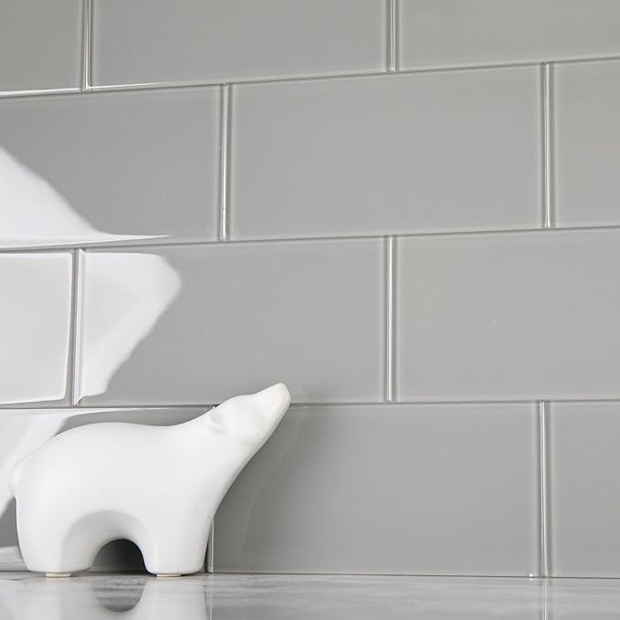 Glass Subway Tile 3 x 6 Inch Light Grey Glass Tile for Kitchen Backsplash Bathroom Wall Pack of 40 Sheets