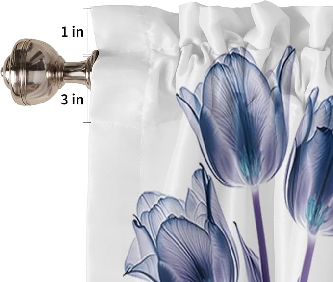 Kitchen Tier Curtains 36 inches Long, Abstract Transparent Flower Tulip Blue Purple Window Curtains for Living Room Bathroom,Rod Pocket Light Filter Drapes Short Half Window Treatment Tiers 2 Panels