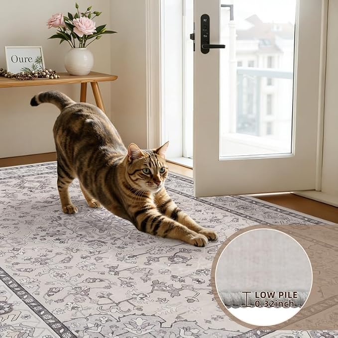 10x12 Area Rug for Living Room: Vintage Boho Neutral Washable Rug Indoor Soft Large Area Rug Carpet for Bedroom Nursery Farmhouse Dining Room Office Floor Non-Slip Low Pile Under Table Beige & Grey